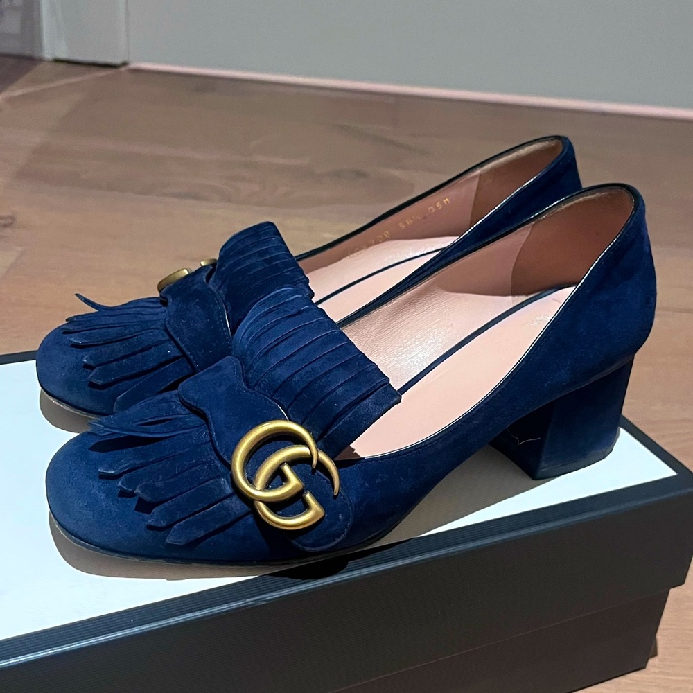 Gucci Marmont Navy Suede Mid-heel Loafer 38.5 - preowned